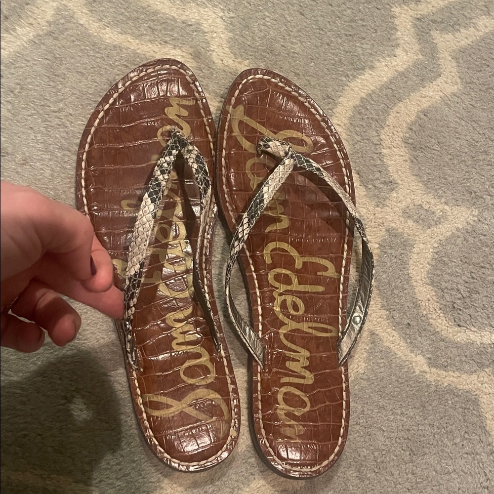 Sam Edelman Brown Croc-Embossed Thong Sandals with Snakeskin Straps